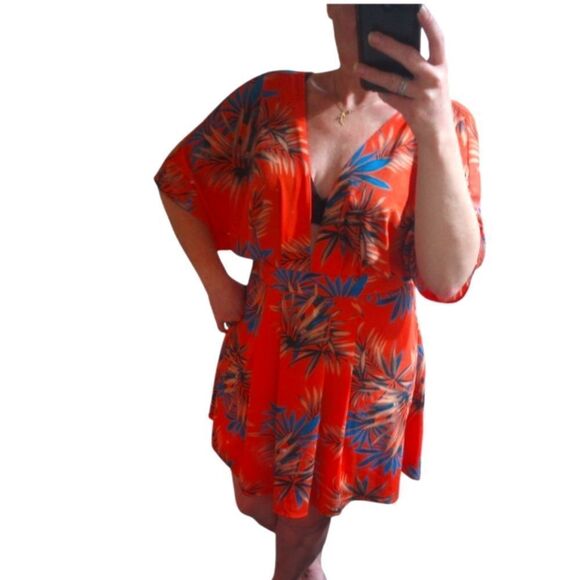 Tropical Print Mini Dress Deep V Cut Front And Back Belted Pleated Front - Picture 1 of 10
